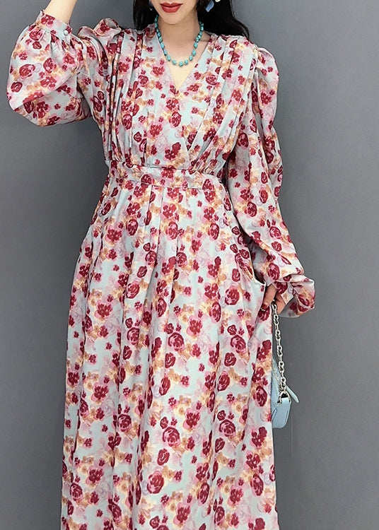 Fashion V Neck Print Tie Waist Long Dress Spring LC0313