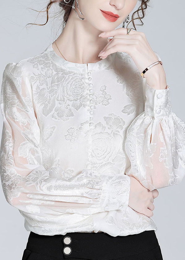 Fashion White O-Neck Button Jacquard Slik Shirt Spring LY0106