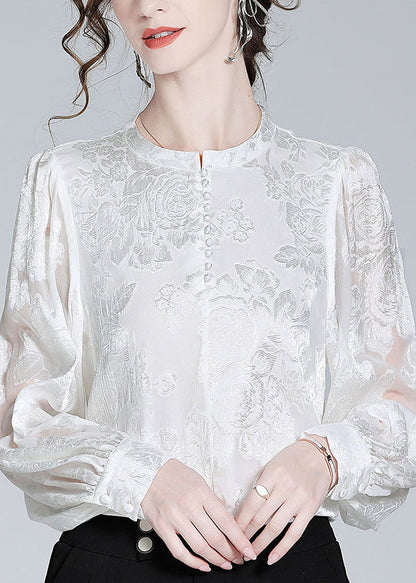 Fashion White O-Neck Button Jacquard Slik Shirt Spring LY0106