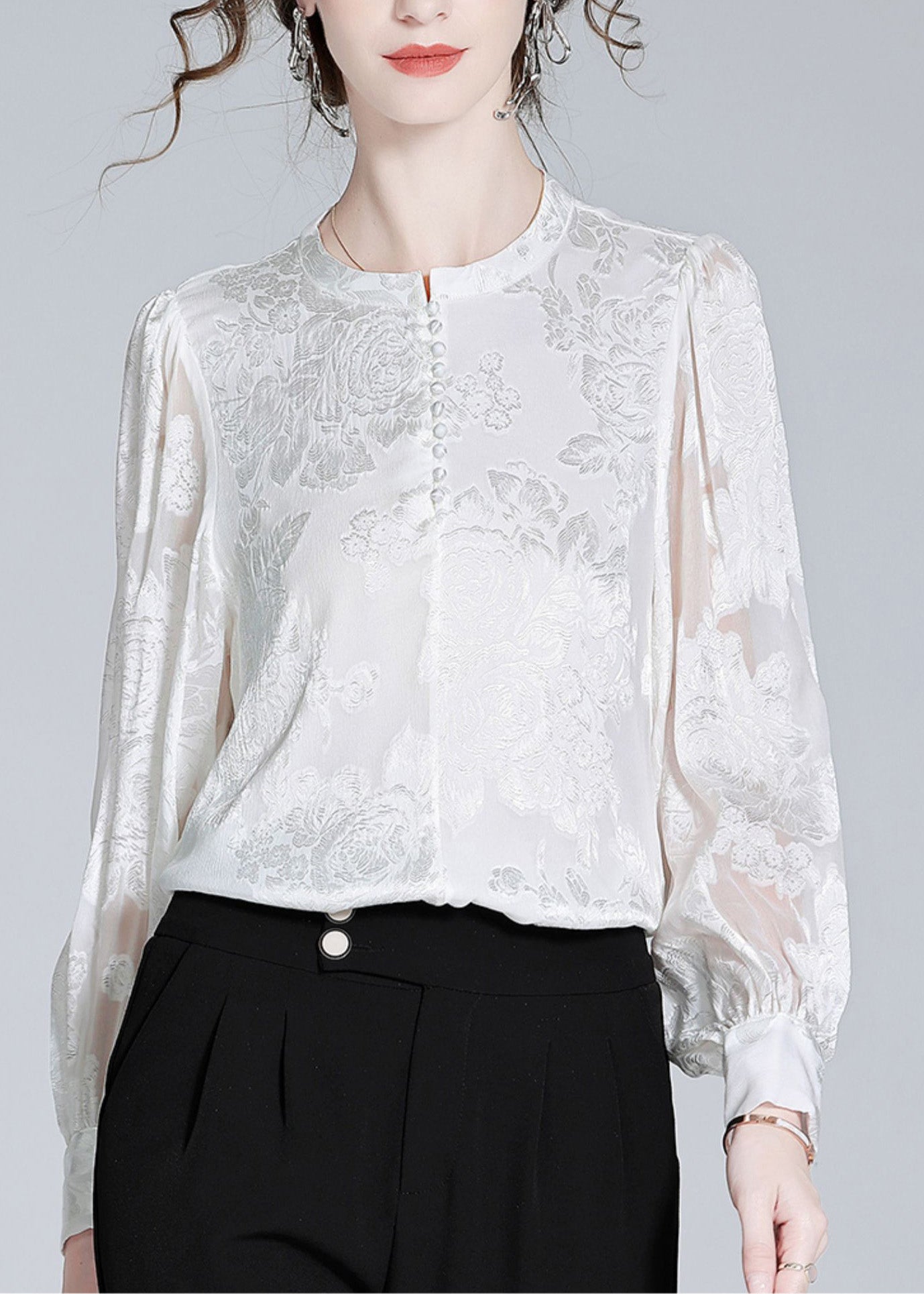 Fashion White O-Neck Button Jacquard Slik Shirt Spring LY0106