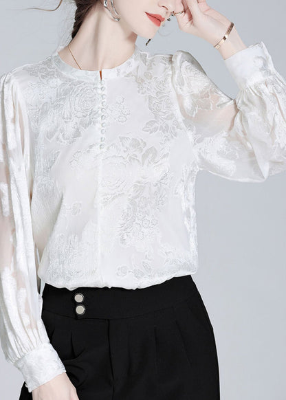 Fashion White O-Neck Button Jacquard Slik Shirt Spring LY0106