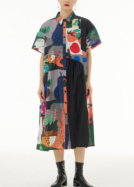 Fashion White Peter Pan Collar Print Button Cotton Long Shirt Dress Short Sleeve LY1183