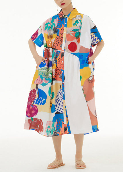 Fashion White Peter Pan Collar Print Button Cotton Long Shirt Dress Short Sleeve LY1094