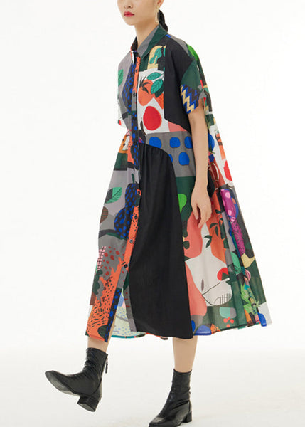 Fashion White Peter Pan Collar Print Button Cotton Long Shirt Dress Short Sleeve LY1094