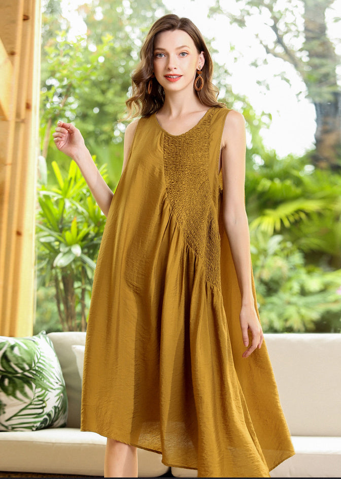 Fashion Yellow Asymmetrical Patchwork Wrinkled Cotton Dress Sleeveless LY0342