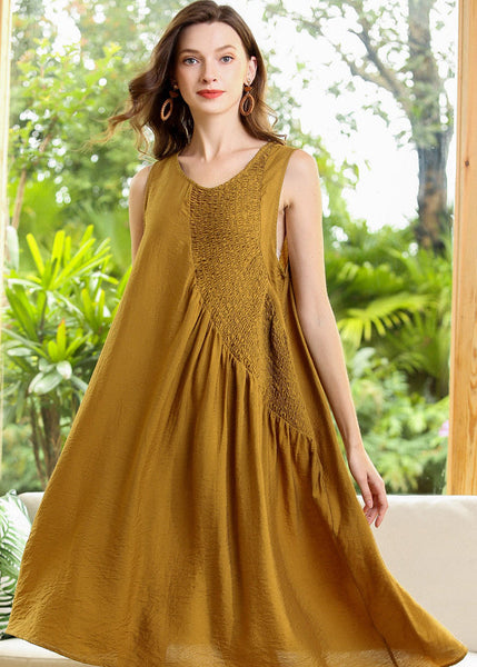 Fashion Yellow Asymmetrical Patchwork Wrinkled Cotton Dress Sleeveless LY0342