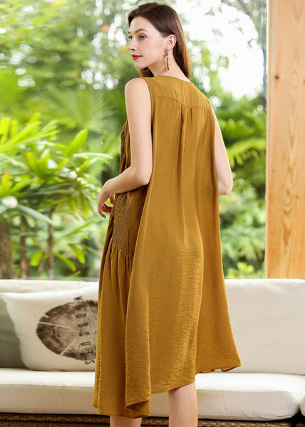 Fashion Yellow Asymmetrical Patchwork Wrinkled Cotton Dress Sleeveless LY0342