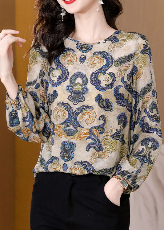 Fine Apricot O Neck Print Patchwork Silk T Shirt Tops Spring LC0268