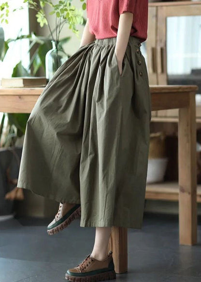 Fine Army Green Pockets Wrinkled Patchwork Linen Pants Skirt Summer LY0601