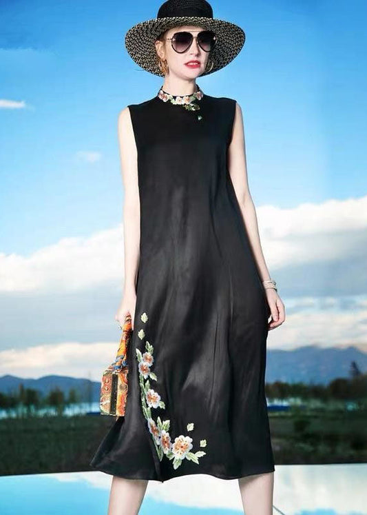 Fine Black Embroideried Patchwork Silk Dresses Sleeveless LC0228