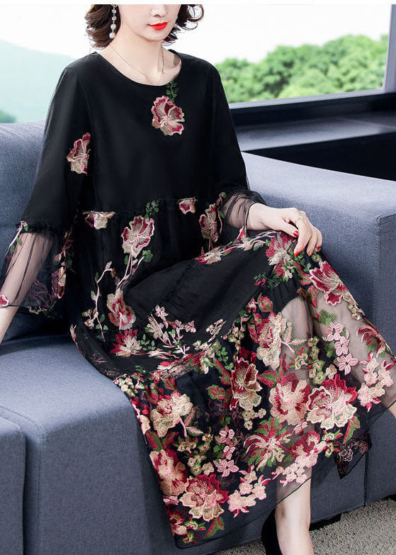 Fine Black Embroideried Patchwork Tulle Long Dress Bracelet Sleeve LC0084