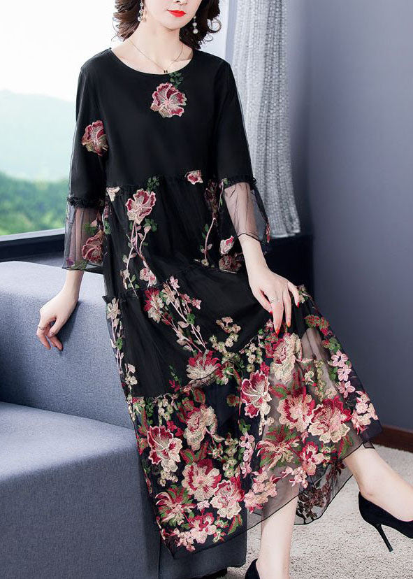 Fine Black Embroideried Patchwork Tulle Long Dress Bracelet Sleeve LC0084