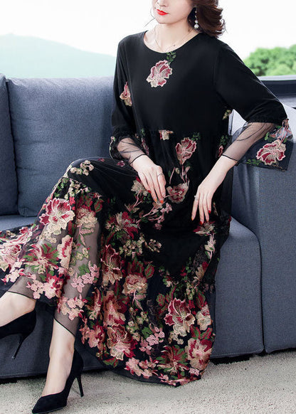 Fine Black Embroideried Patchwork Tulle Long Dress Bracelet Sleeve LC0084