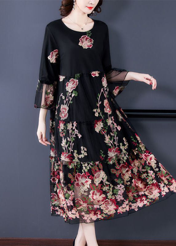 Fine Black Embroideried Patchwork Tulle Long Dress Bracelet Sleeve LC0084