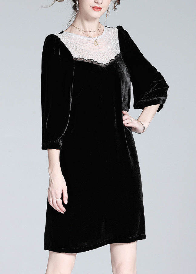 Fine Black O-Neck Lace Patchwork Velour Mid Dress Spring LY0133