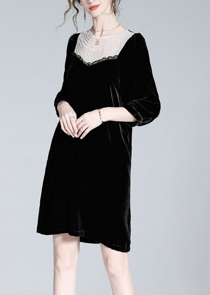 Fine Black O-Neck Lace Patchwork Velour Mid Dress Spring LY0133