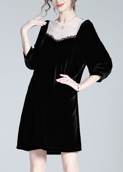 Fine Black O-Neck Lace Patchwork Velour Mid Dress Spring LY0133