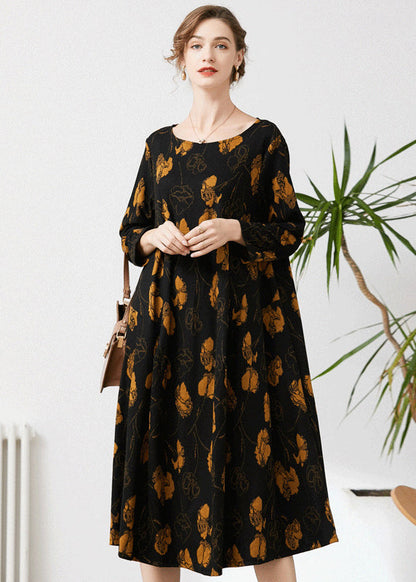 Fine Black O-Neck Oversized Print Cashmere Dresses Spring LY0331