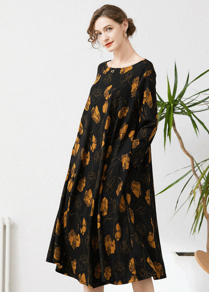 Fine Black O-Neck Oversized Print Cashmere Dresses Spring LY0331