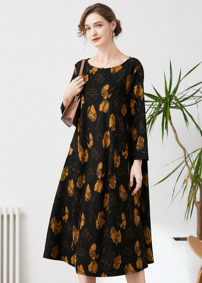 Fine Black O-Neck Oversized Print Cashmere Dresses Spring LY0331