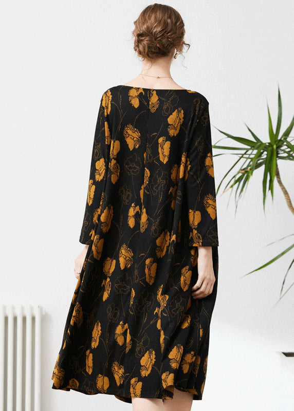 Fine Black O-Neck Oversized Print Cashmere Dresses Spring LY0331