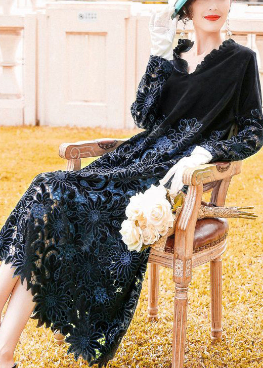 Fine Black Ruffled Embroideried Hollow Out Silk Velour Long Dress AC3059