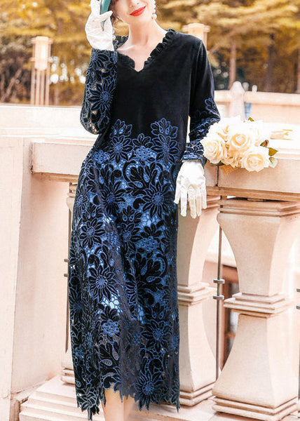 Fine Black Ruffled Embroideried Hollow Out Silk Velour Long Dress AC3059