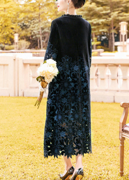 Fine Black Ruffled Embroideried Hollow Out Silk Velour Long Dress Spring LY0686