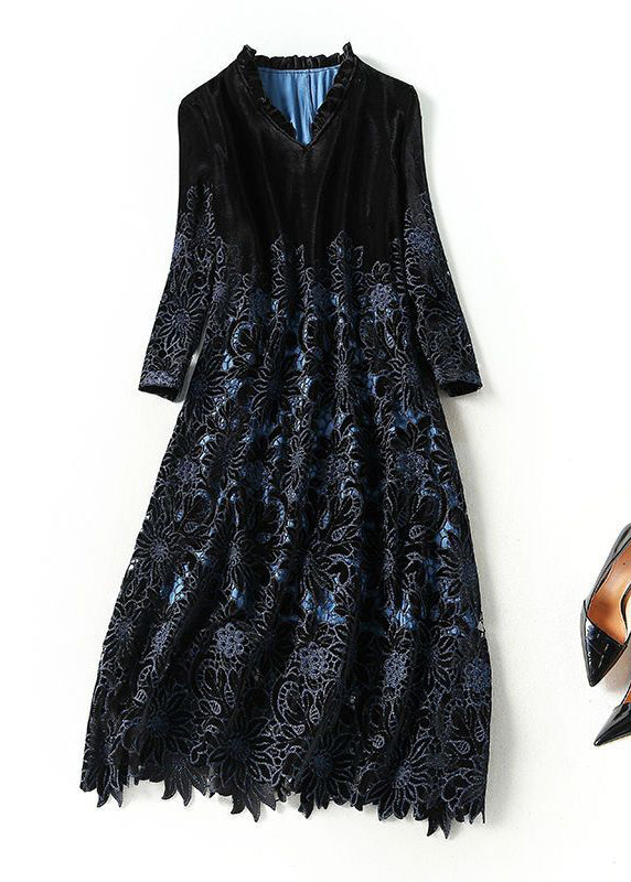 Fine Black Ruffled Embroideried Hollow Out Silk Velour Long Dress Spring LY0686