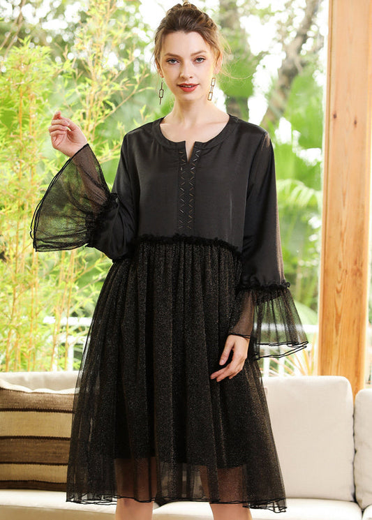 Fine Black Ruffled Patchwork Golden Sequins Chiffon Dress Flare Sleeve LY0274