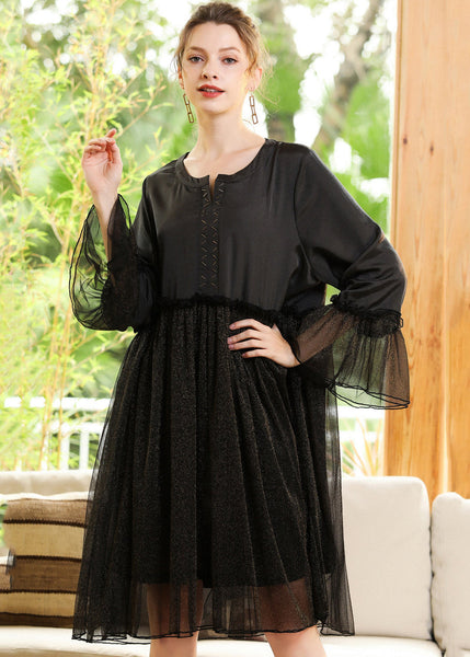 Robe en mousseline noire à volants et sequins dorés, manches évasées, patchwork LY0274