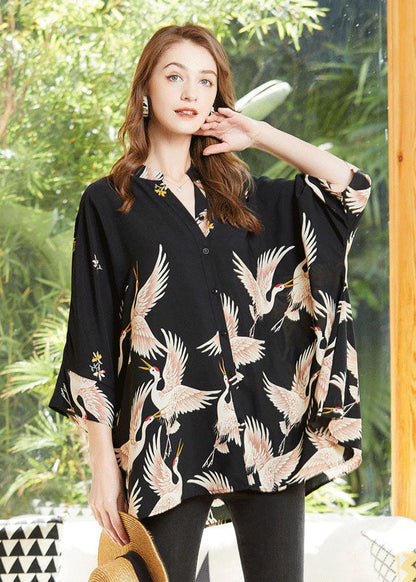 Fine Black Stand Collar Oversized Print Chiffon Top Bracelet Sleeve LY0343