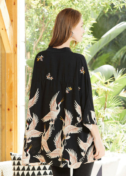 Fine Black Stand Collar Oversized Print Chiffon Top Bracelet Sleeve LY0343