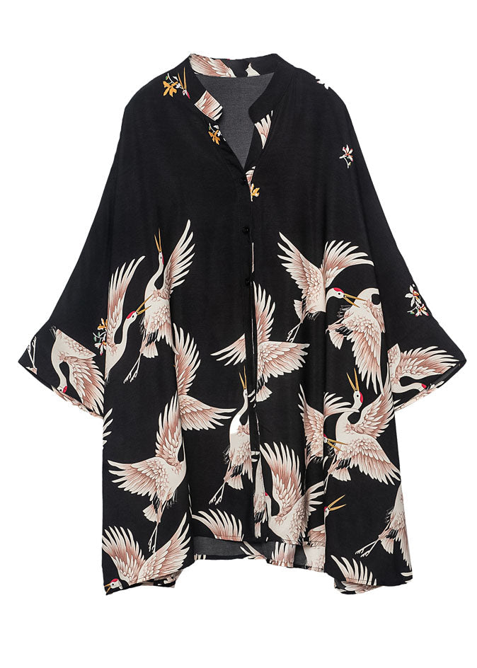 Fine Black Stand Collar Oversized Print Chiffon Top Bracelet Sleeve LY0343