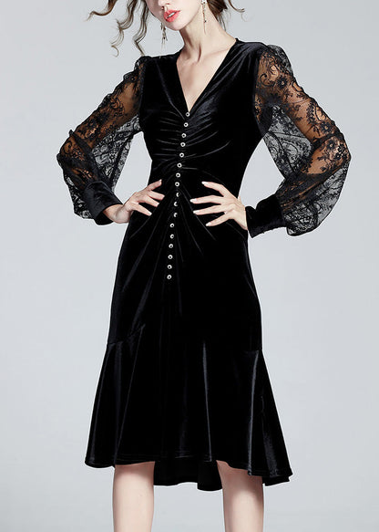 Fine Black V Neck Embroideried Tulle Patchwork Slim Velour Fishtail Dresses Spring LY0974