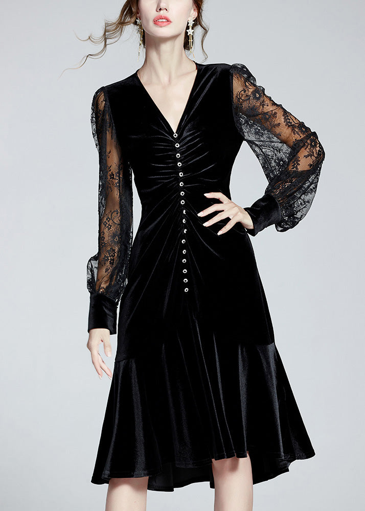 Fine Black V Neck Embroideried Tulle Patchwork Slim Velour Fishtail Dresses Spring LY0974