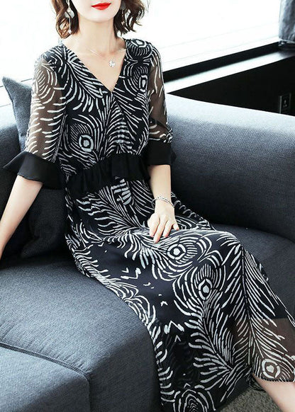 Fine Black V Neck Ruffles Print Chiffon Long Dress Summer LC0094