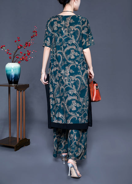 Fine Blackish Green V Neck Patchwork Print Silk Two Pieces Set Summer LY0922