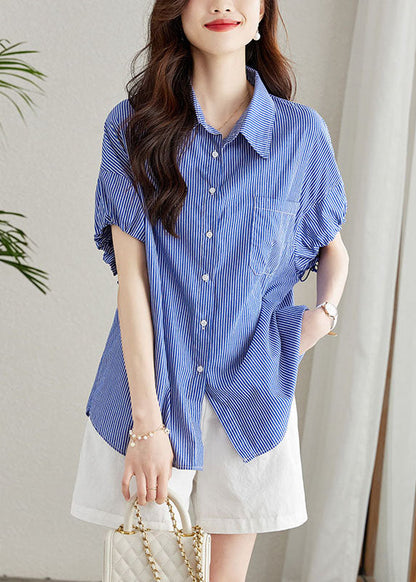 Fine Blue Peter Pan Collar Striped Button Patchwork Cotton Shirt Summer TQ1039