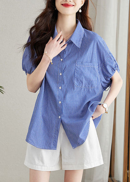 Fine Blue Peter Pan Collar Striped Button Patchwork Cotton Shirt Summer TQ1039