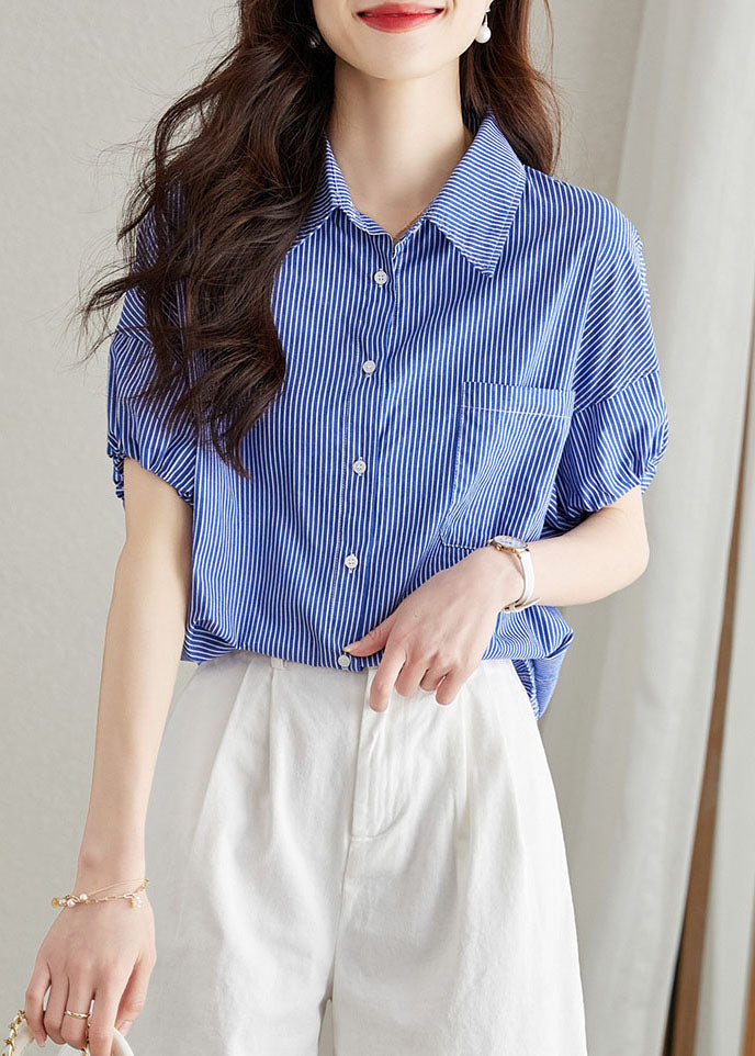 Fine Blue Peter Pan Collar Striped Button Patchwork Cotton Shirt Summer TQ1039