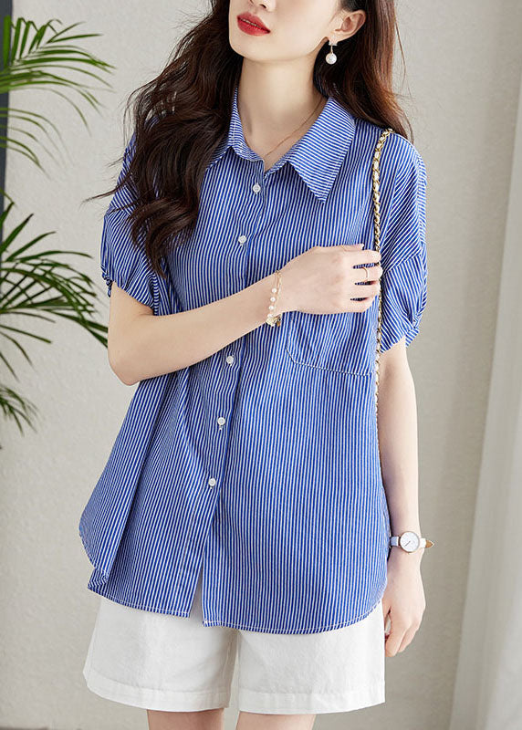 Fine Blue Peter Pan Collar Striped Button Patchwork Cotton Shirt Summer TQ1039