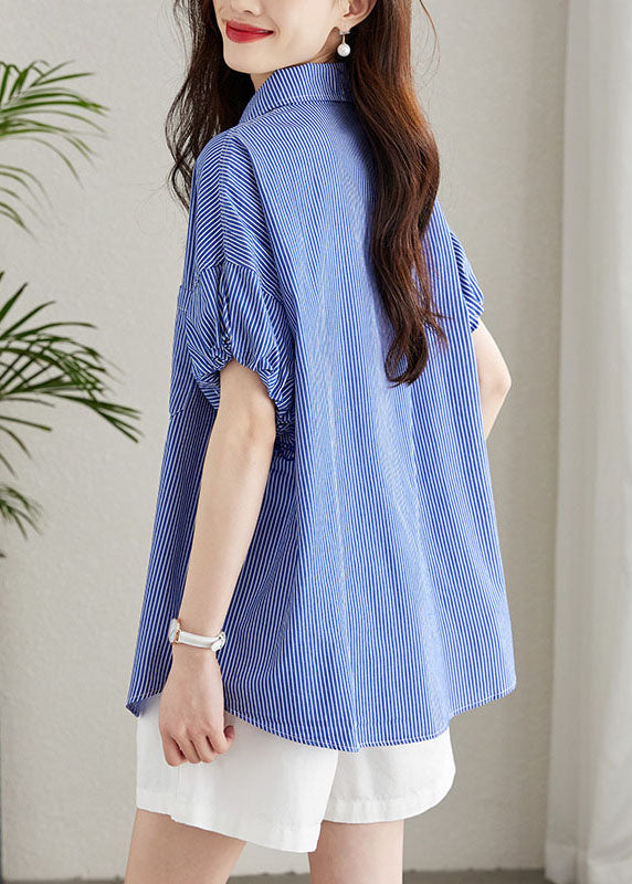 Fine Blue Peter Pan Collar Striped Button Patchwork Cotton Shirt Summer TQ1039