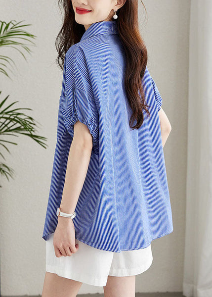 Fine Blue Peter Pan Collar Striped Button Patchwork Cotton Shirt Summer TQ1039