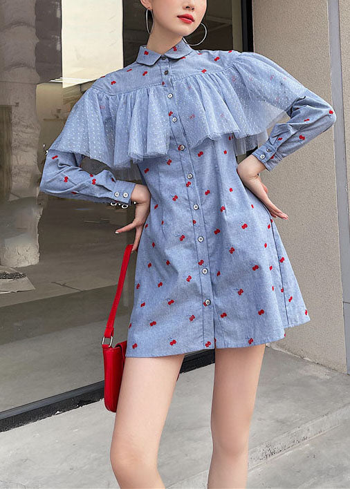 Fine Blue Tulle Patchwork Print Cotton Shift Dresses Spring LY0782