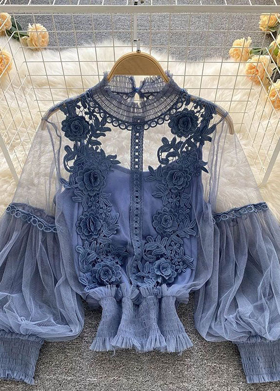 Fine Blue Wrinkled Patchwork Floral Tulle Top Spring LY1432