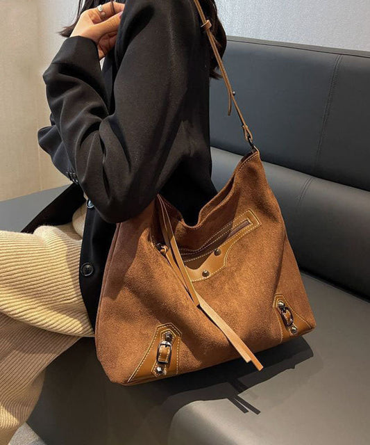 Fine Brown Rivet Patchwork Zip Up Faux Leather Satchel Handbag LY1390