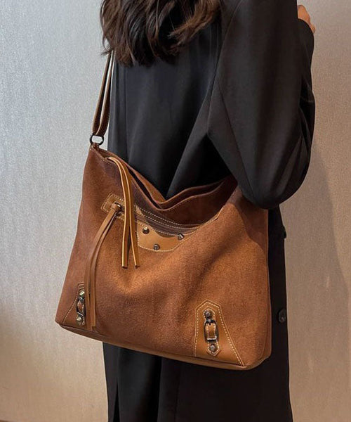 Fine Brown Rivet Patchwork Zip Up Faux Leather Satchel Handbag LY1390