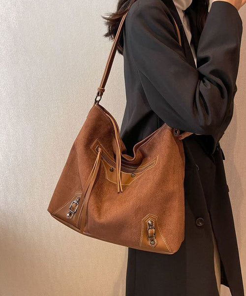 Fine Brown Rivet Patchwork Zip Up Faux Leather Satchel Handbag LY1390