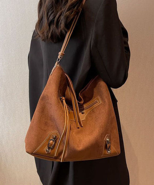 Fine Brown Rivet Patchwork Zip Up Faux Leather Satchel Handbag LY1390
